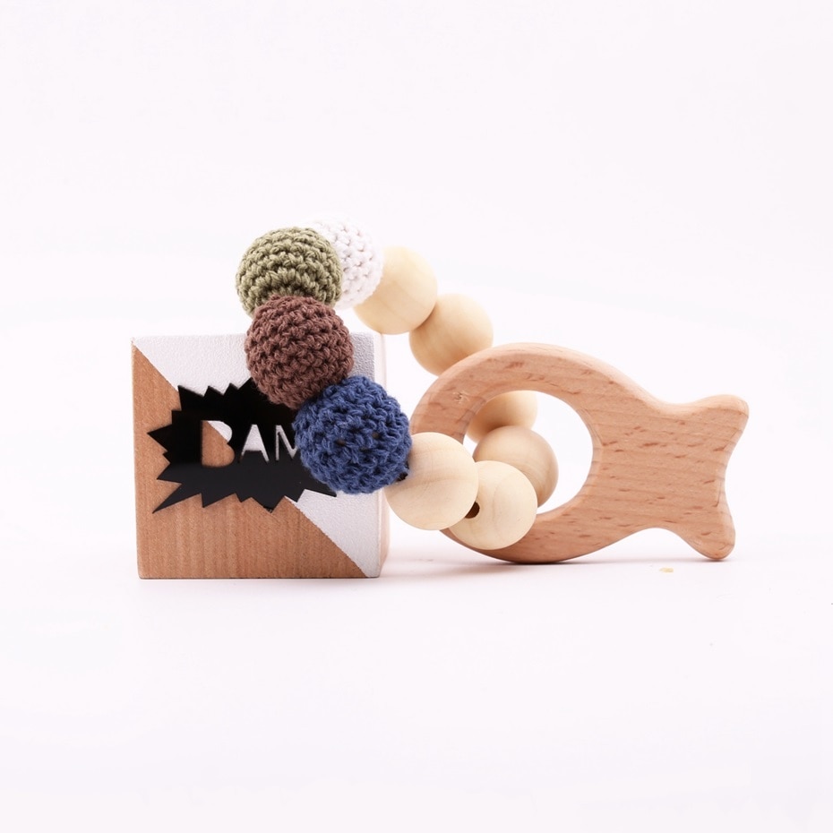 Beuken Vis Houten Bijtring Dieren Kan Chew Hout Maple Ronde Kralen Gehaakte Kralen BPA Gratis Armbanden Tandjes Bangles Baby Speelgoed