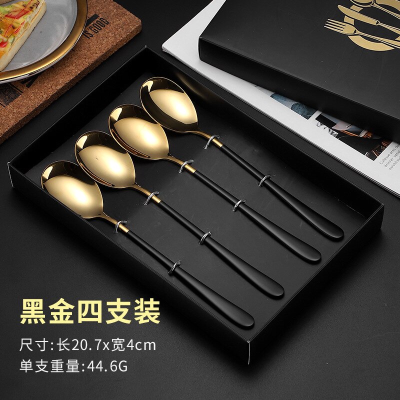 4Pcs Colorful Spoons Set Mirror Cutlery Set 304 Stainless Cutlery Set Spoon Silverware Set Box: Black Gold Set