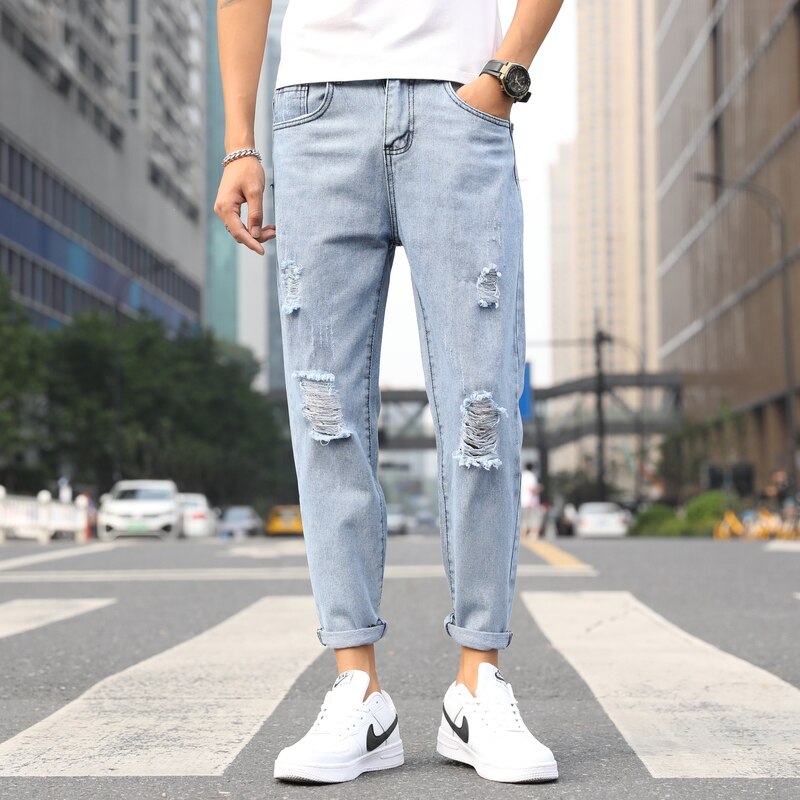 Mans jeans kläder trasiga hål byxor slitna herr solid bomull rak tub tunna vintage tvättade jeans streetwear