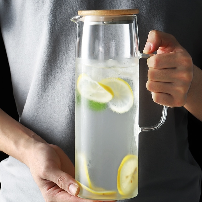 Kaldt glass vannflaske krukke vannkoker gjennomsiktig stor kapasitet varmebestandig vannkanne med håndtak tekanne beholder 1.0 l 1.2l 1.5l