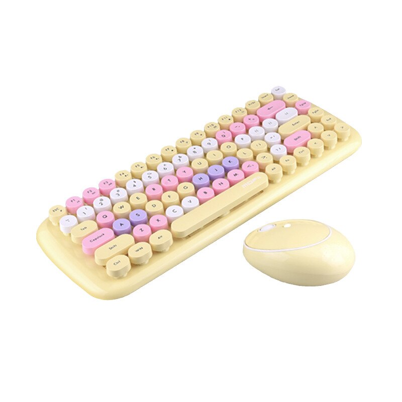 Kit de clavier et souris sans fil 2.4G pour filles, rétro, Vintage, 84 touches rondes colorées, Orange, rose, bleu, vert, pour ordinateur portable,: yellow-84 keys