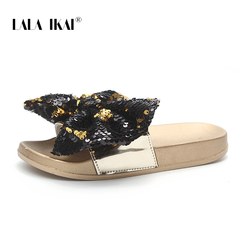 LALA IKAI femmes été pantoufles bout ouvert Bling grand noeud noeud tongs talons plats plage intérieur maison dames pantoufles XWA11118-4