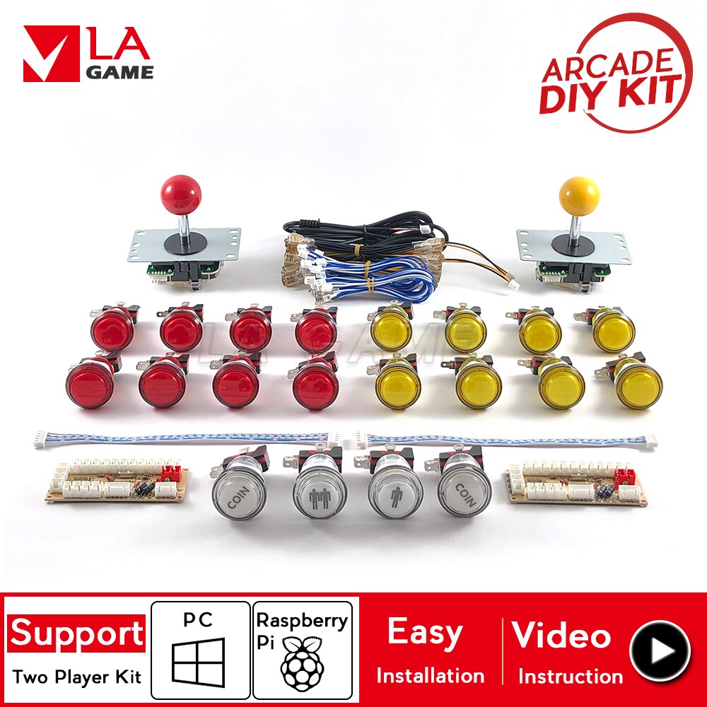 2 Speler Arcade Diy Nul Vertraging Encoder Om Pc Rasberry Pi Arcade Diy Kit Arcade Knoppen Led 8 Manier Joystick voor Mame Jamma Project: Red and yellow