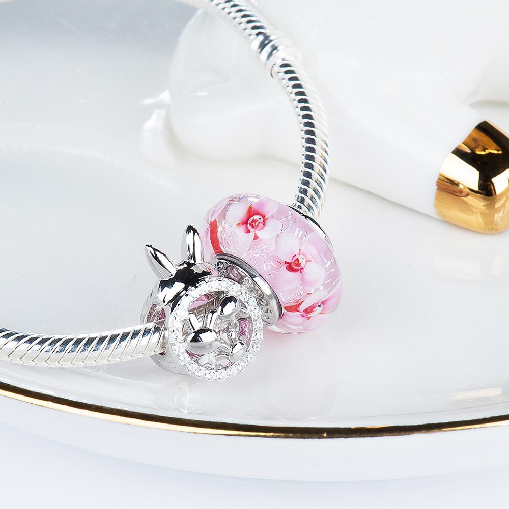 Carino coniglio grande rosa di zircon 925 sterlina perline D'argento di fascini misura I Braccialetti non cambiano Mai colorDDBJ002
