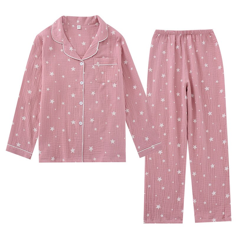 Liefhebbers Pyjama Set Comfort Katoen Star Print Nachtkleding Voor Mannen En Vrouwen Koppels Lente En Herfst Volledige Mouw Homewear