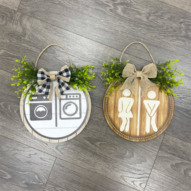 Guirnalda rústica de madera para decoración de pared, letreros de tablero redondo, letrero colgante para puerta de lavandería y baño, decoración divertida para inodoro Unisex