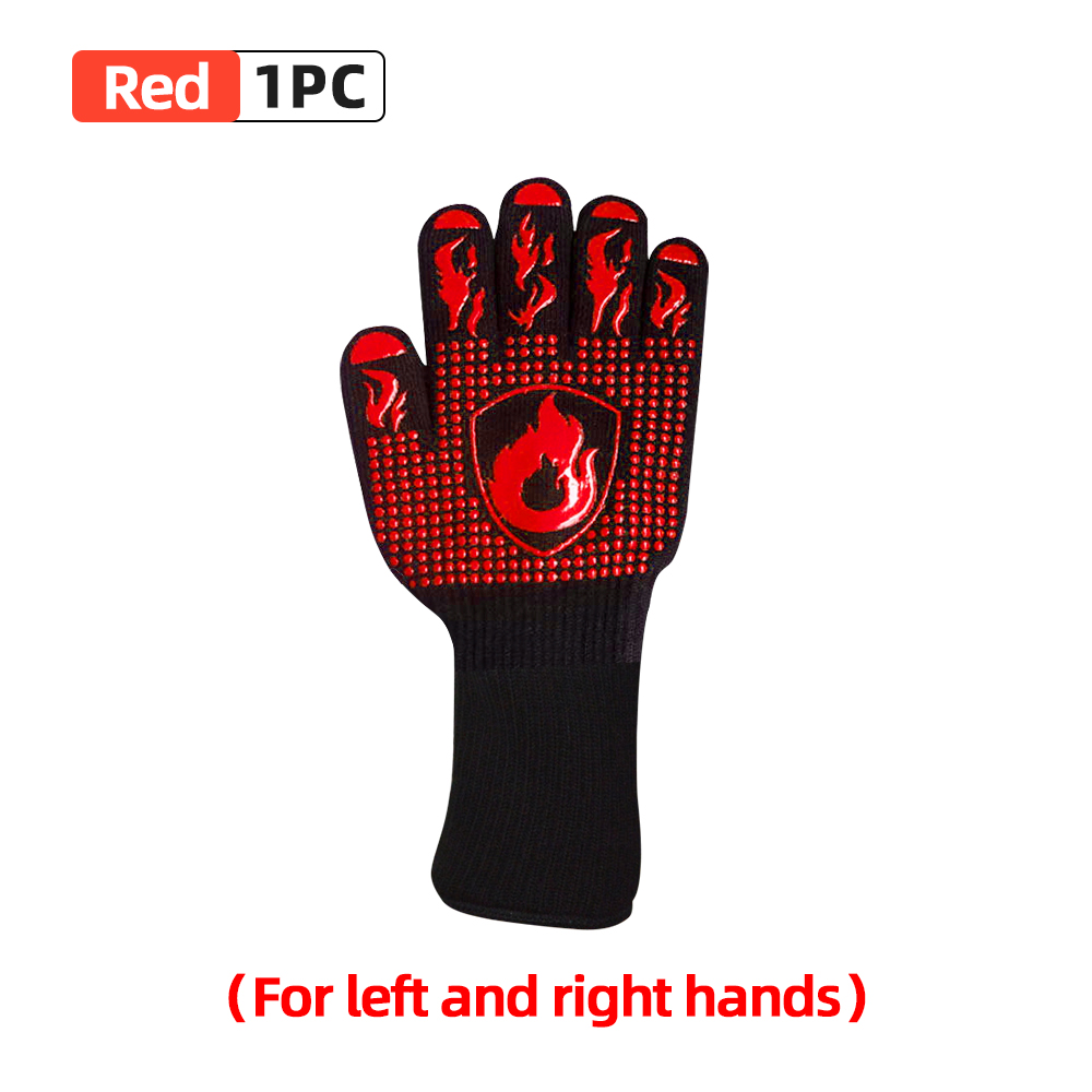 BBQ Grill Gloves High Temperature Resistance 800 Degrees Fireproof Heat Insulation Glove Cooking Baking Barbecue Microwave Oven: One Piece-Red B