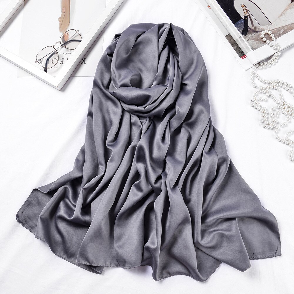 Lange tørklæder sjaler ensfarvet silke satin hijab tørklæde til kvinder halstørklæde kvindelige 70*190cm store poncho tørklæder til damer: Mørkegrå