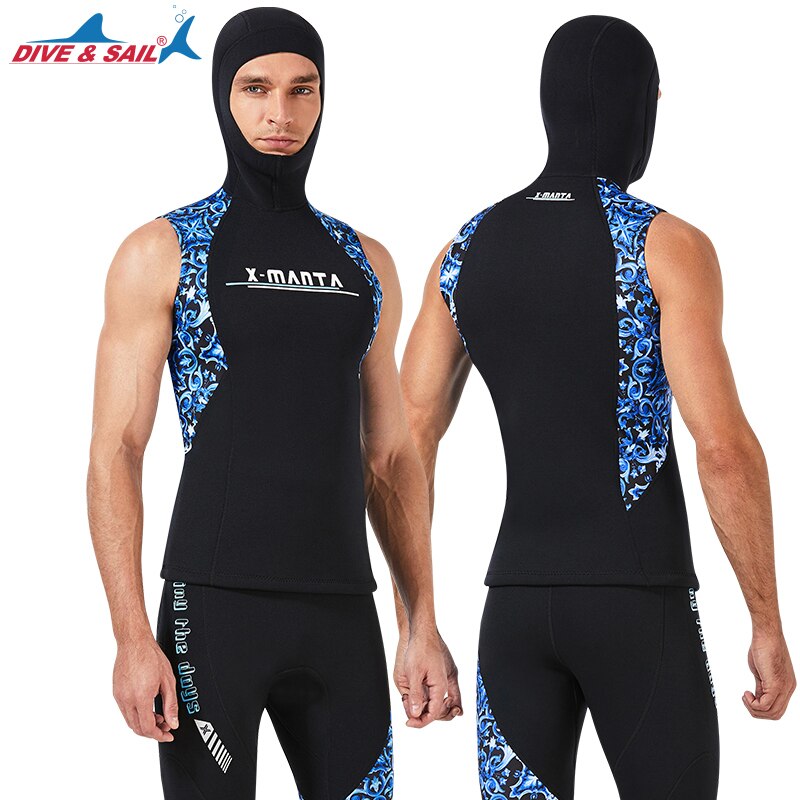 Chaleco de neopreno con capucha para hombre y mujer, traje de buceo de 3MM, tops de buceo de piel con capucha sin mangas: M129566B / M