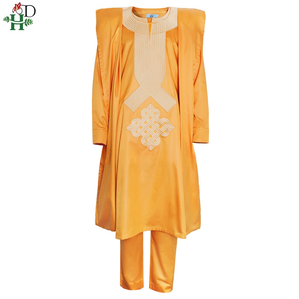 H & d africano homem dashiki branco roupas 3 pçs agbada terno robe camisa calças conjunto brilhante bordado traje de festa boubou homme ph901