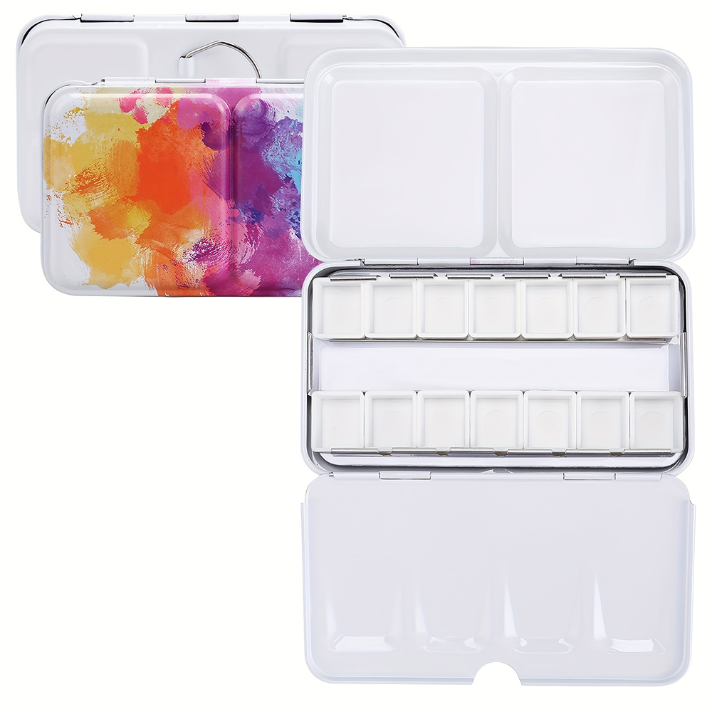 Paleta de acuarela vacía, caja de pintura de paleta de lata de acuarela vacía de Metal con 14 Uds. De medias sartenes para paleta de acuarelas de viaje DIY