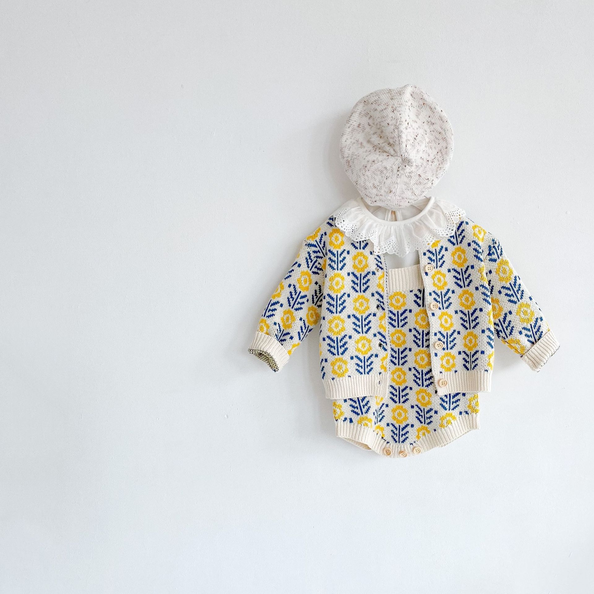 2022 wiosenne ubranka dla dzieci ubrania dla dzieci sweter z kwiatkiem baby girl sweter dziergany + romper crawling suit dwuczęściowy zestaw