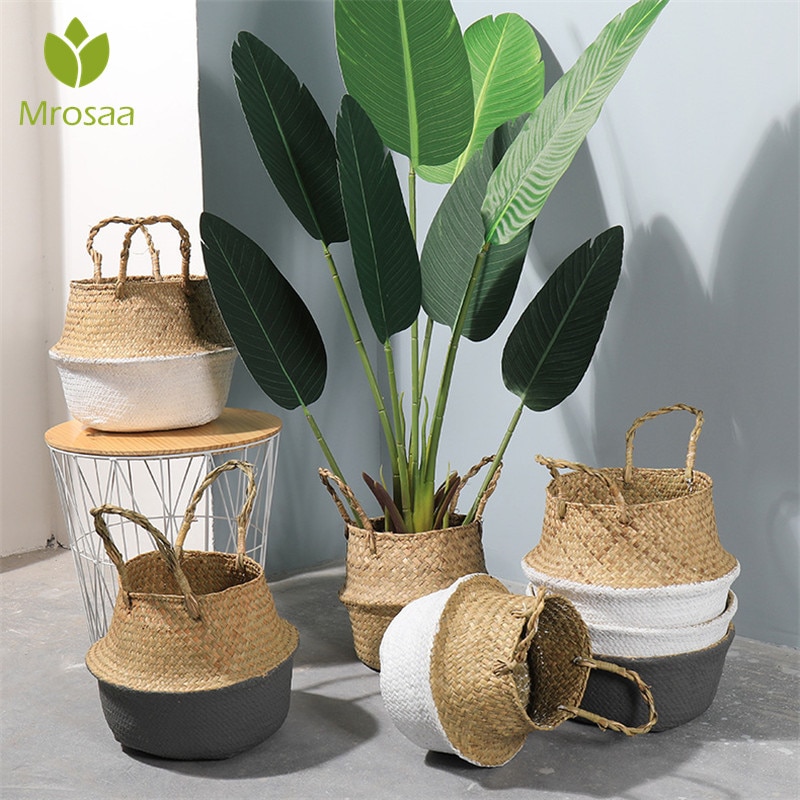 Handmade Bamboo Storage Baskets Foldable Laundry Straw Patchwork Wicker Rattan Seagrass Belly Garden Flower Pot Planter Basket