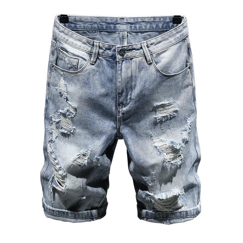 Sommer mænds slanke hul denim shorts klassisk stil trend lyseblå korte jeans mandlige mærke tøj: 36