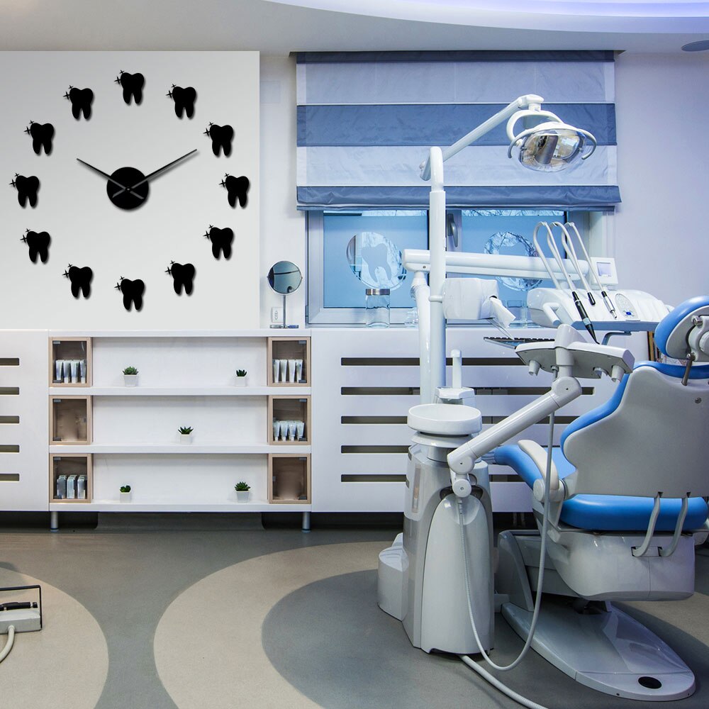 Teeth 3D Mirros Stickers Modern Tooth Style DIY Large Wall Clock Dental Office Wall Decor Silent Non Ticking Big Clock