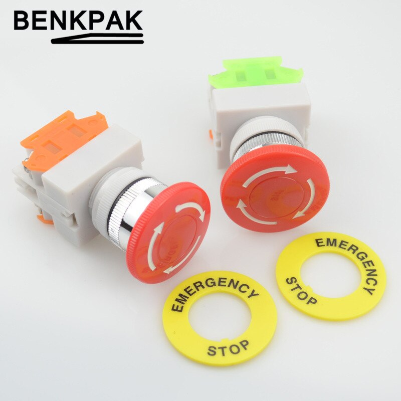 Interruptor de botón de parada de emergencia, bloqueo pulsador NO + NC, reinicio de giro, seta