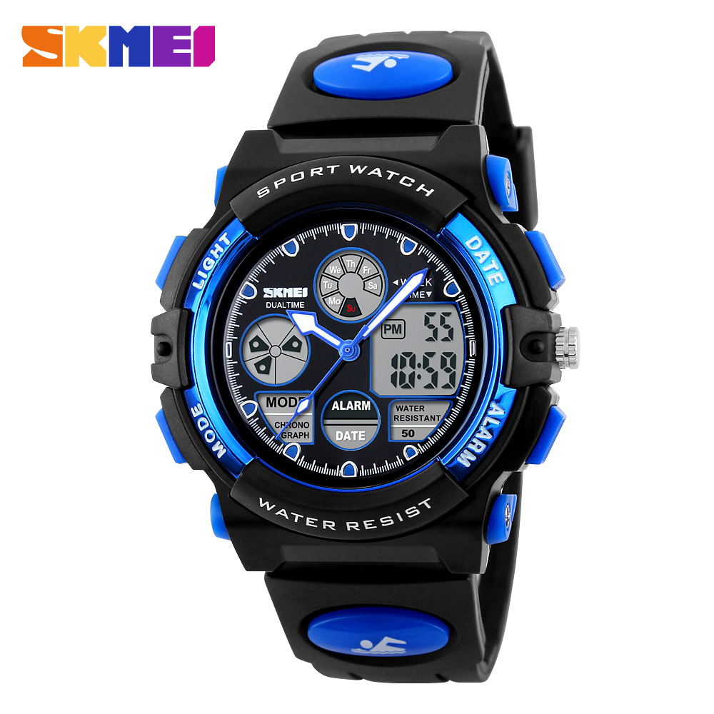 SKMEI Sports Watches Children LED dIgital 50M Waterproof Dual Display Wristwatches Watch Alarm For Boys Girls Kids 1163: Blue