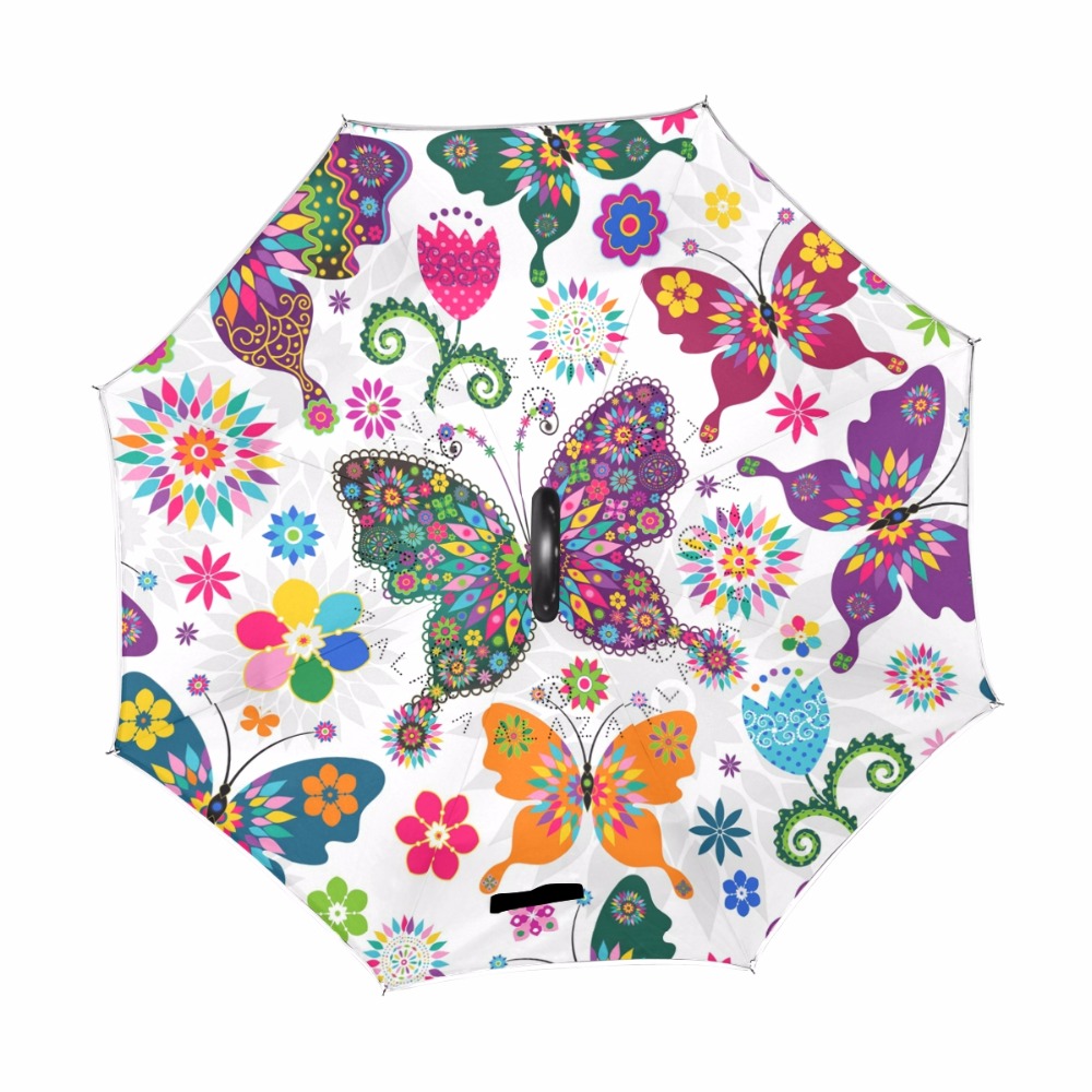 Butterfly Reverse Umbrella Women Double Layer Umbrellas C-Hook Handle Car Umbrella Windproof Waterproof Useful