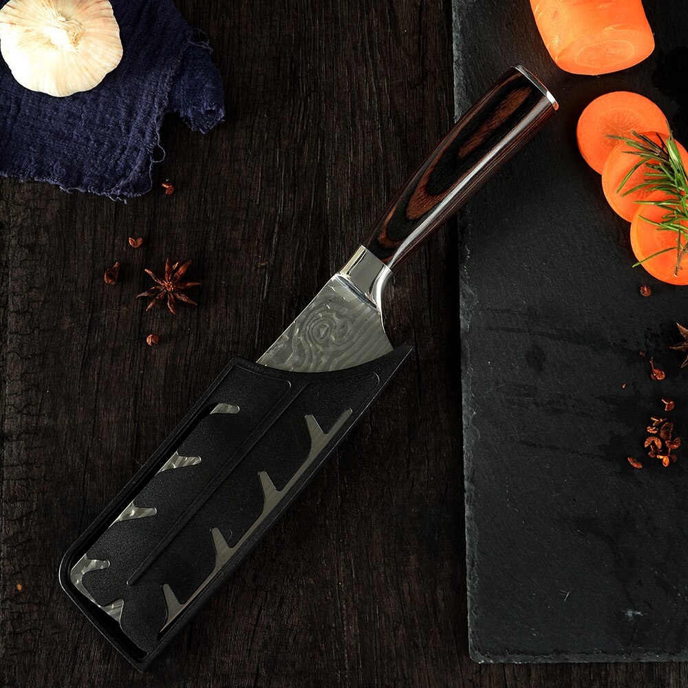 Nakiri kitchen Knife Stainless Steel Cleaver Knife 7 inch Japanese Cutter Anti-stick Damascus Vein Knife Sheath Cover Edge Guard