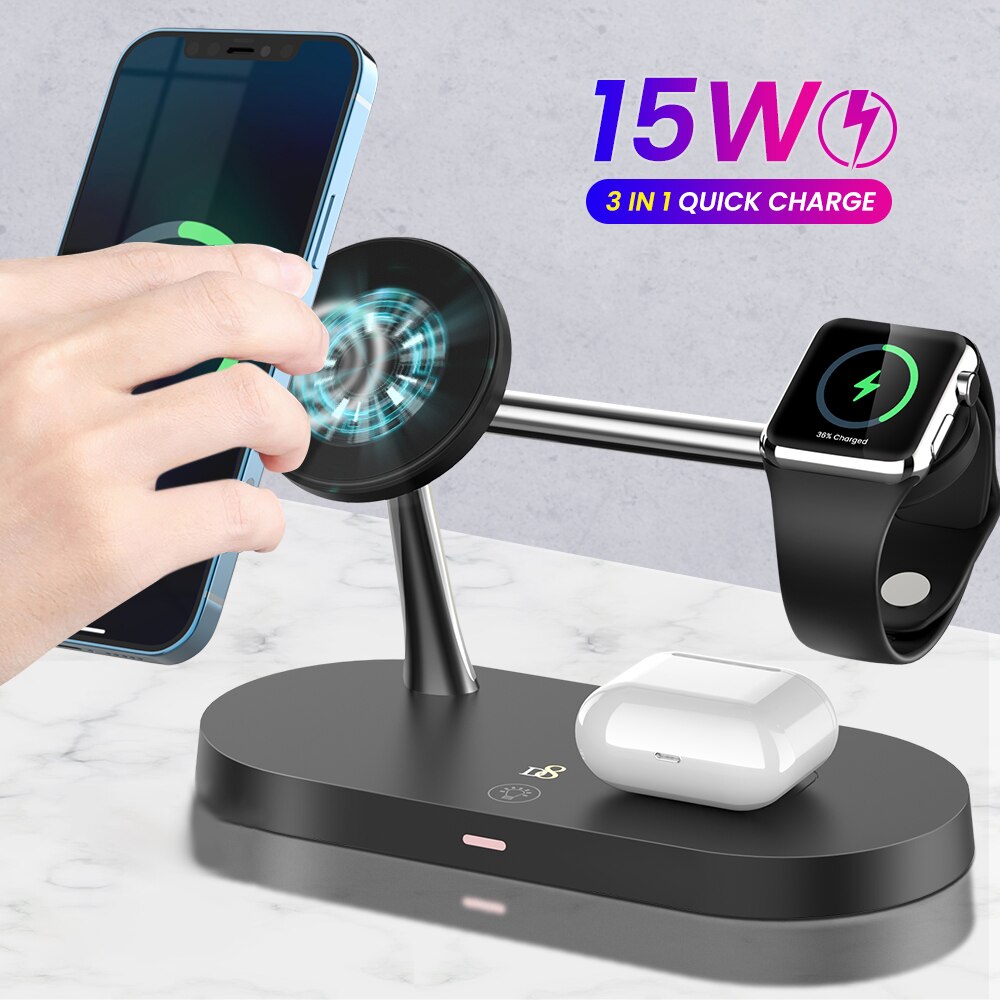 D8 3 In 1 Magnetische Draadloze Oplader 15W Snelle Laadstation Voor Iphone Oplader Voor Iphone 12 Serie Apple horloge Airpods Pro