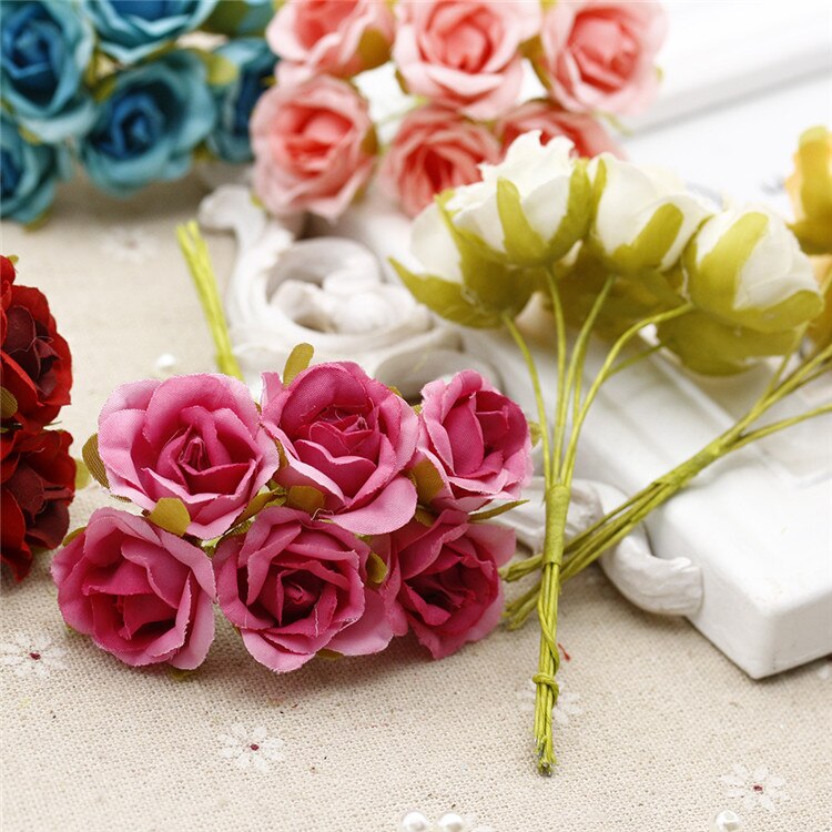 Buquê de flores artificiais 6 peças, mini rosas, para casamento, decoração para casa, para scrapbooking, artesanato faça você mesmo, caixa de doces, decoração de presente