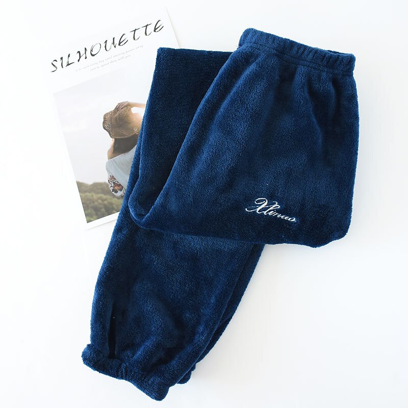 Sömnbyxor dam flanell vinter mjuk varm bekväm pyjamasbyxa dam fritid sömnbyxor par koreansk stil trendig: Blå / L