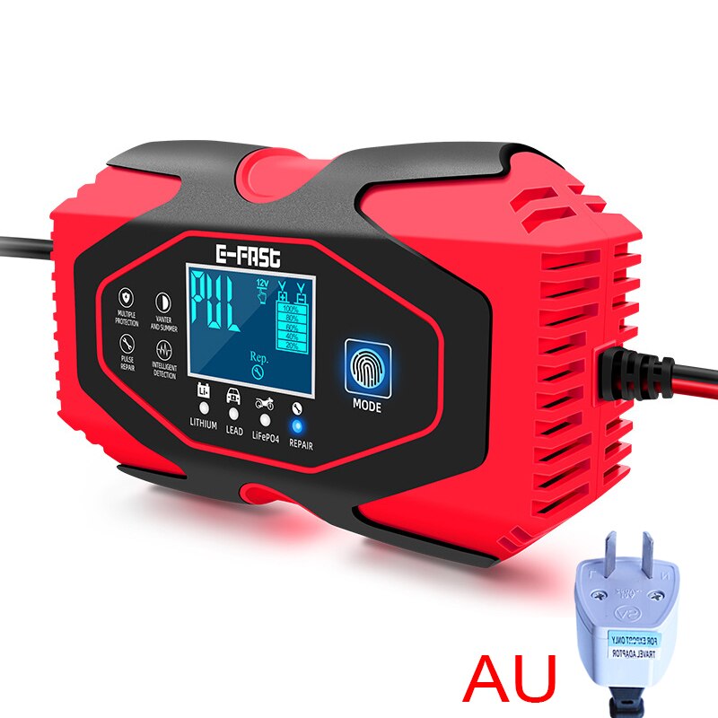 12V 24V Car Motorcycle Battery Charger Lithium Iron Lithium Charger Memory Function Fast Charging Repair: AU-Red
