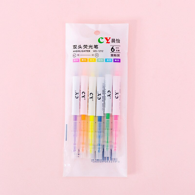 6 stk/parti slik farve dobbelt hoved highlighter sød tegnet tusch skrivepapir skoleartikler: Default Title