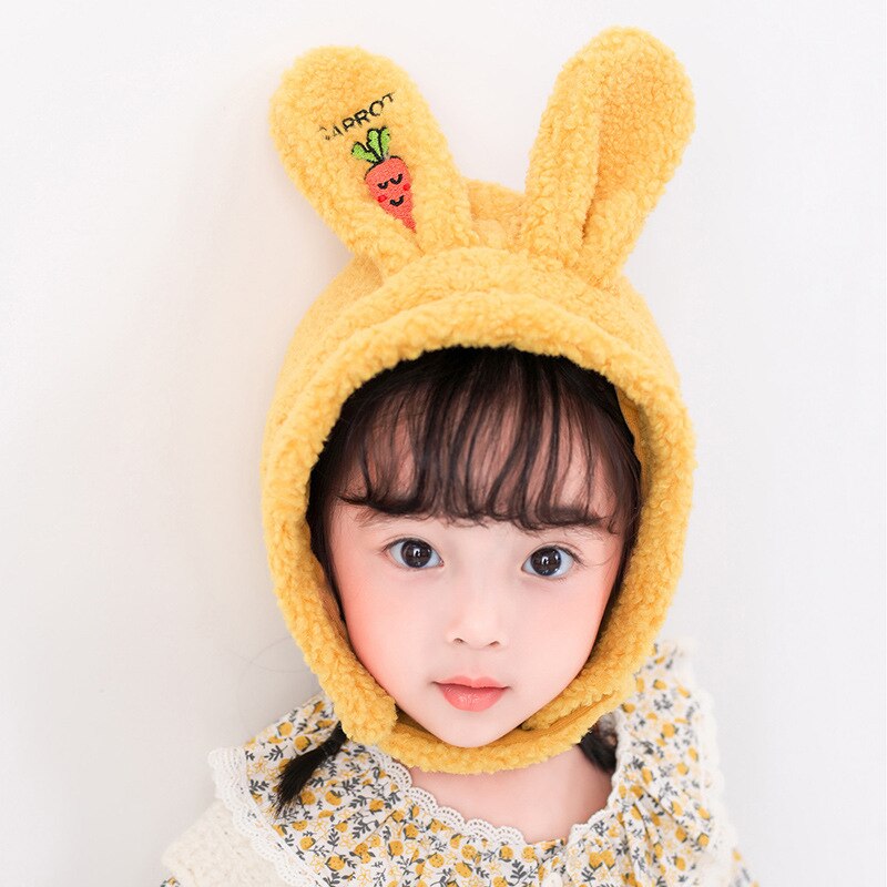 Cappello da ragazza cartone animato orecchie di coniglio capelli di agnello 3-10 anni cuffia per bambini protezione del viso cappello antivento: giallo