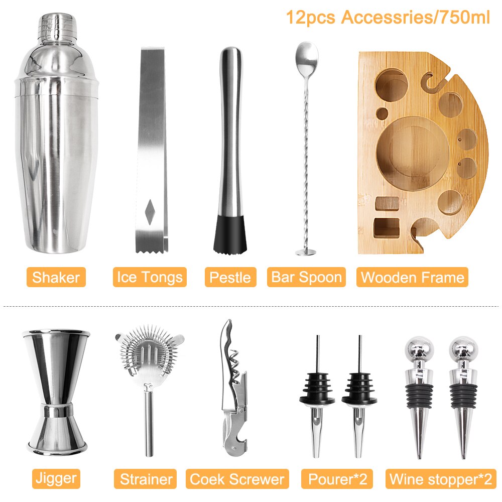 Juego de coctelería de acero inoxidable, mezclador de vino de 750ML con Base giratoria de bambú, herramientas de Bar, accesorios de , 12 Uds.