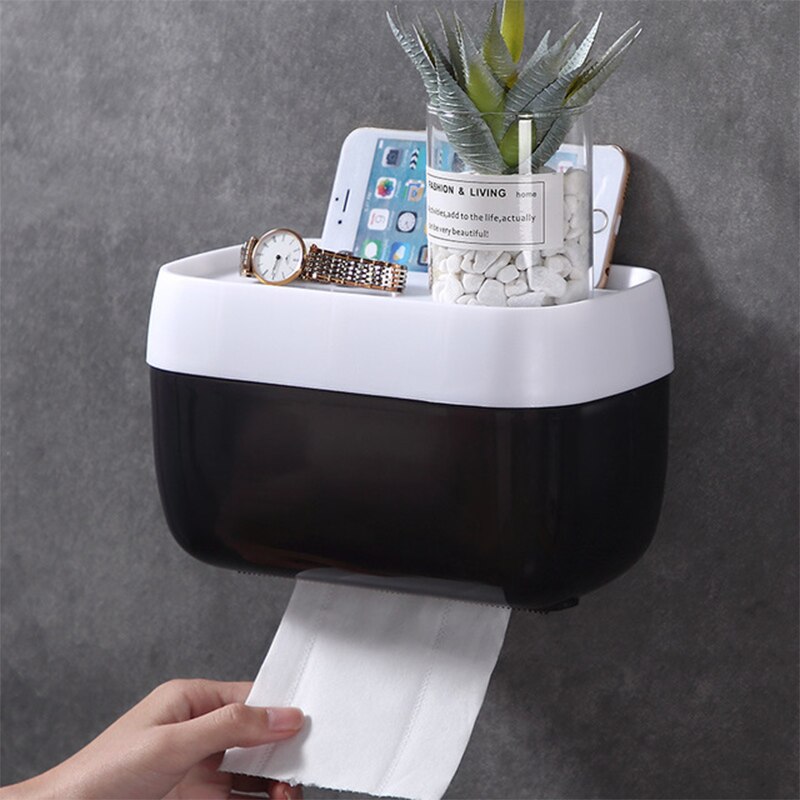 Pig Bear Wall Mounted Toilet Paper Holder Multifunctional Waterproof Storage Box Organizer Tissue Box Roll Paper Bathroom: Black