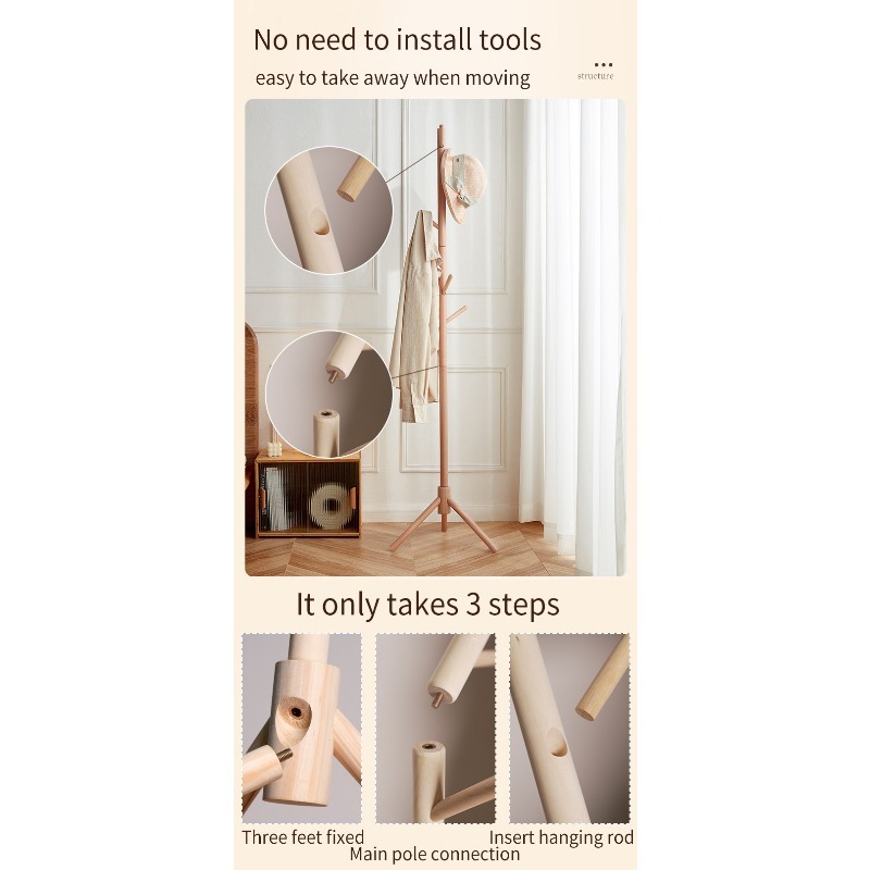 Appendiabiti in Legno Massello, Scaffale da Terra, Porta Borse per Camera da Letto, Appendiabiti per Bambini