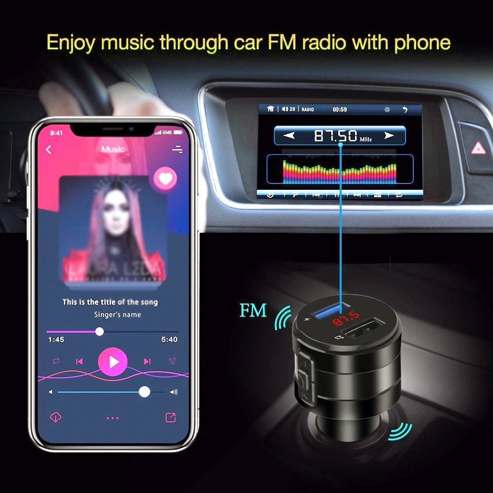 Wireless Handsfree Car Bluetooth 5.0 Kit FM Transmitter Car MP3 Player 3.6A Fast Charge Dual USB Charger Support TF Card Z2