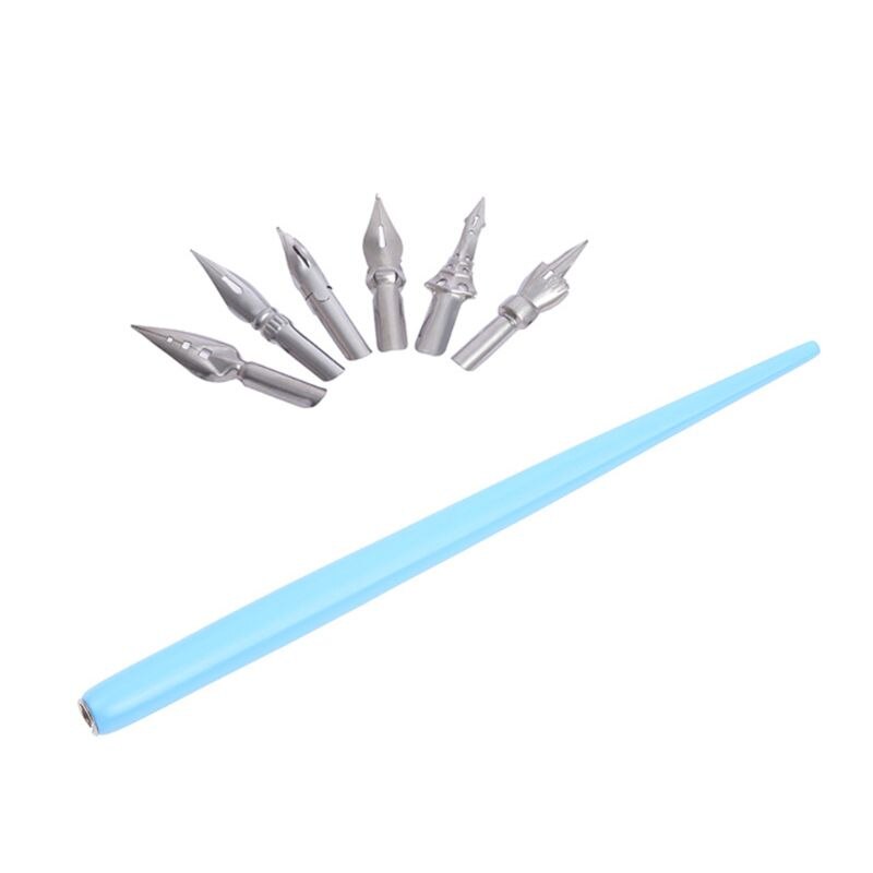 Wooden Manga Comic English Calligraphy Fountain Dip Pen with 6 Nibs Kit for Lettering Sketching Drawing: Lake Blue