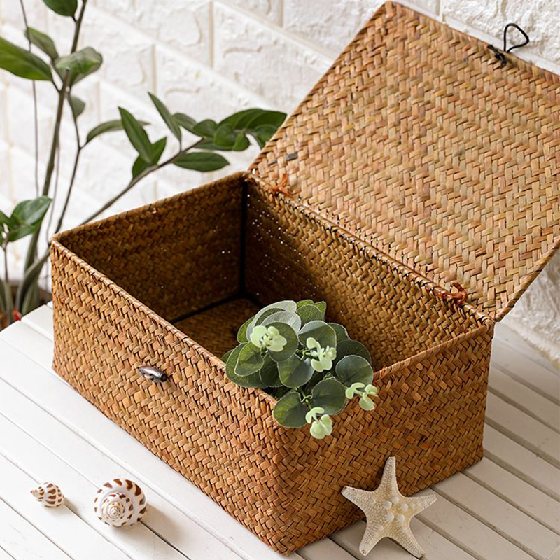 Straw Weaving Storage Box Retro Organizer Furniture Boxes Portable Container Lid Storage Box Multipurpose Accessories Boxes