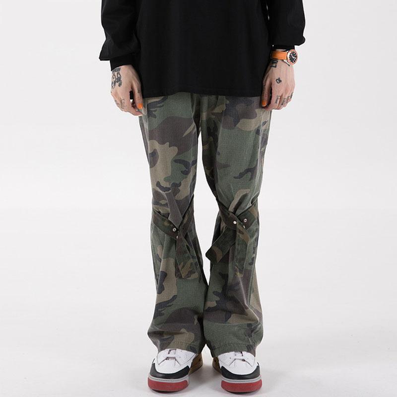 Pantalones acampanados con correa en la rodilla para hombre, ropa de calle de camuflaje, holgados, a la , Hip Hop