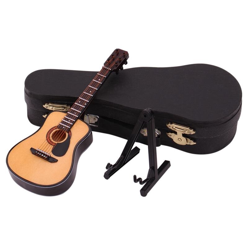 Houten Mini Ornamenten Gitaar Muziekinstrument Miniatuur Poppenhuis Model Home Decoratie Met Houder (5.1 Inch/13 Cm)