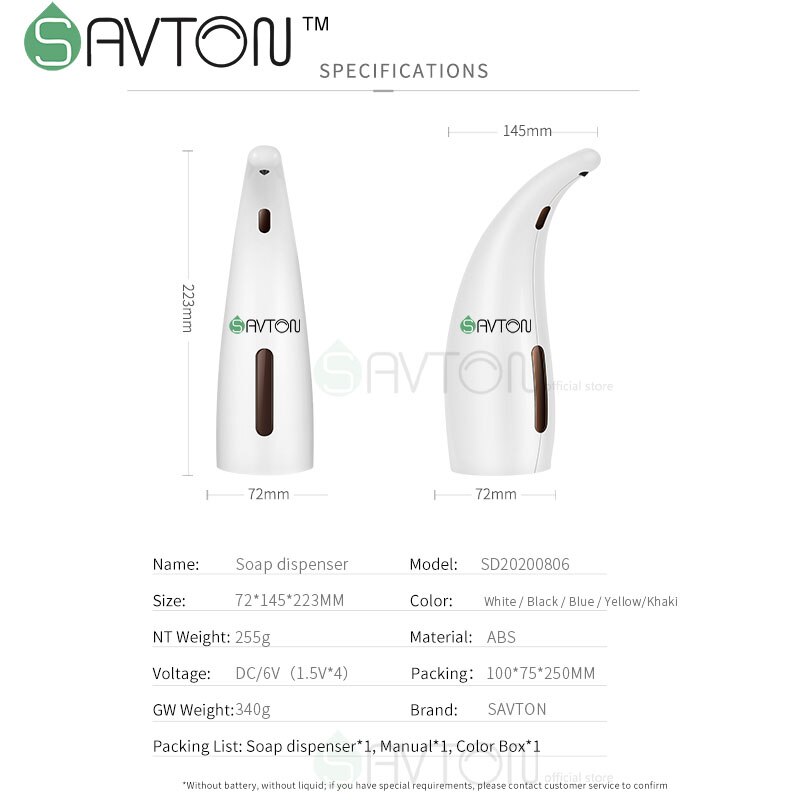 SAVTON 300ml Dispenser Automatic Soap Hand Sanatizer Dispenser Foam Soap Dispenser Non-contact Smart Bathroom Accessories