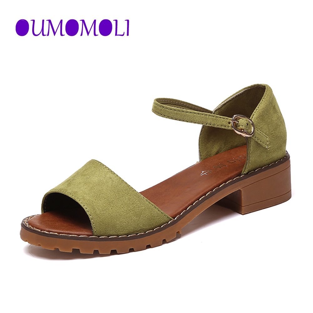 Sommar blommiga sandaler fisk mun kvinnor sandaler pu mocka retro högklackat fyrkantig klack kvinna spänne sko storlek 35-40 q418