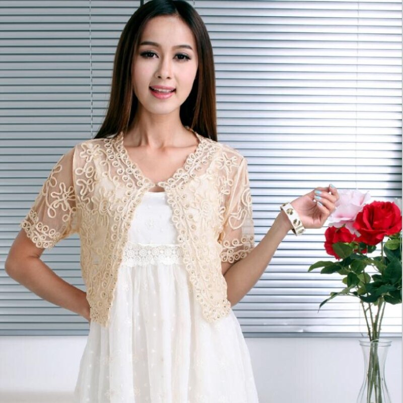 Vrouwen Basic Jas Borduren Lint Bead Verfraaid Korte Mouwen Vest See-Through Sheer Lace Mesh Bolero Top Jas
