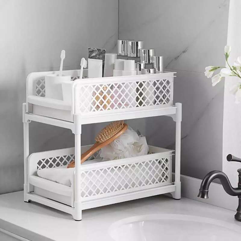 2-Layer Kitchen Sliding Basket Storage Cabinet Organizer with Pull Out Drawers White Kitchen Bathroom Storage Rack
