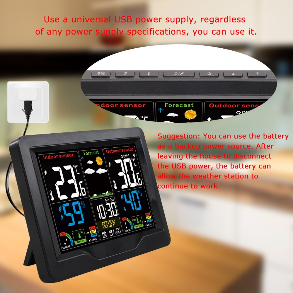 FanJu-estación meteorológica Digital FJ3383C, reloj con pantalla a Color, barómetro, termómetro, higrómetro, Sensor al aire libre con tendencia de riesgo de moho