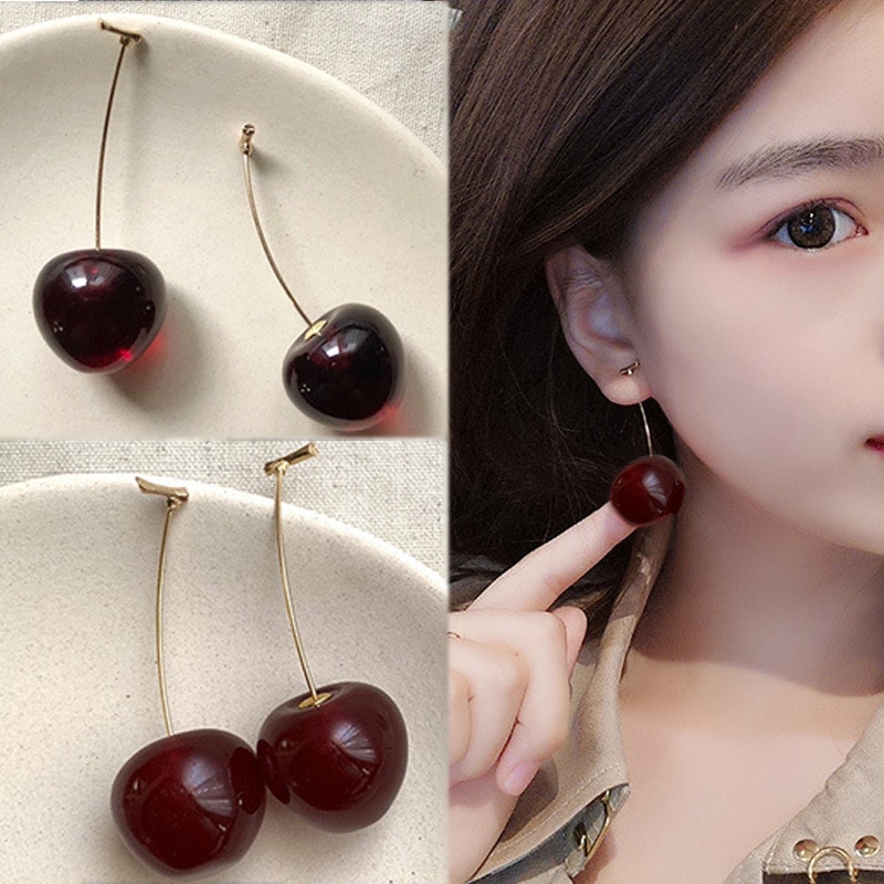 Pendientes de simulación de cereza roja para mujer y niña, aretes de resina dulce, color dorado, , 1 par, novedad