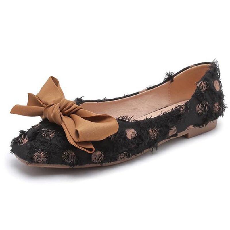 MVVJKE à pois papillon noeud carré chaussures plates femmes bateau chaussures confortable décontracté dame chaussures plates: Black / 3