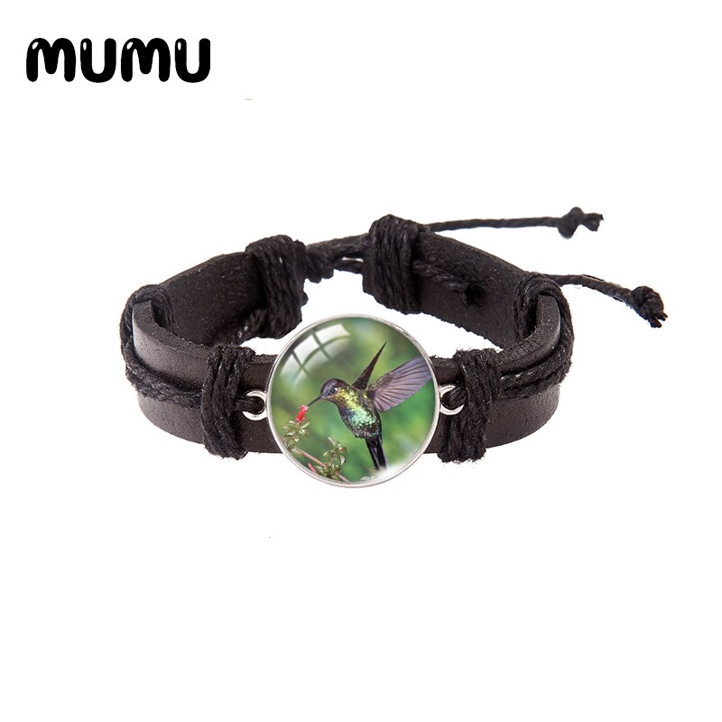 Hummingbird Flower Leather Bracelet Round Glass Dome Bracelets Handmade Jewelry Men Women: 7