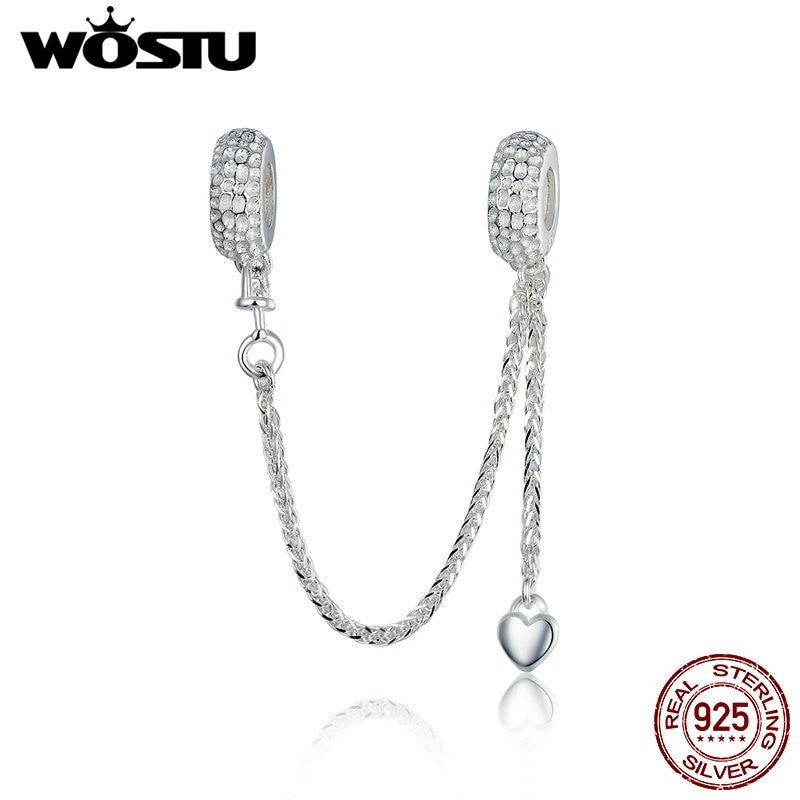 WOSTU Real 925 Sterling Silver Heart Charm Safety Chain Bead Fit Original Bracelet Necklace Pendant For Jewelry Making CQC1112