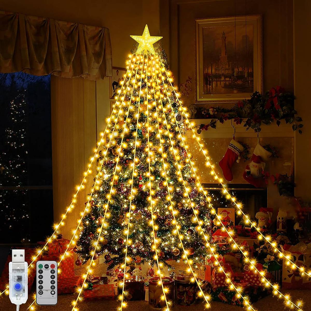 1PC 198 LED Stern Wasserfall Lichter mit 8 Modi USB angetrieben & Fernbedienung Camping Licht drinnen draussen Weihnachten Lichterketten: Warmes Weiß