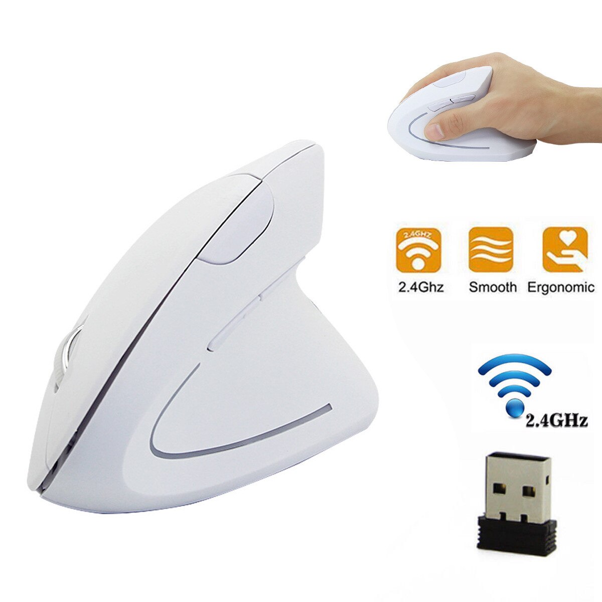 Wireless Mouse 2.4GHz - Ergonomic Vertical Design - 1600DPI - USB Receiver - Silent Click - Right Handed