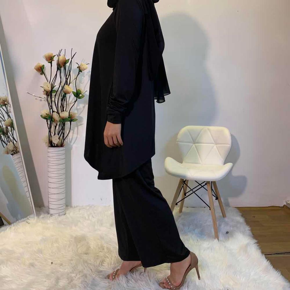smooth fabric Muslim suits female Solid Color Two-pieces Tops + elastic waist Pants Singapore Turkey Clothing F1883