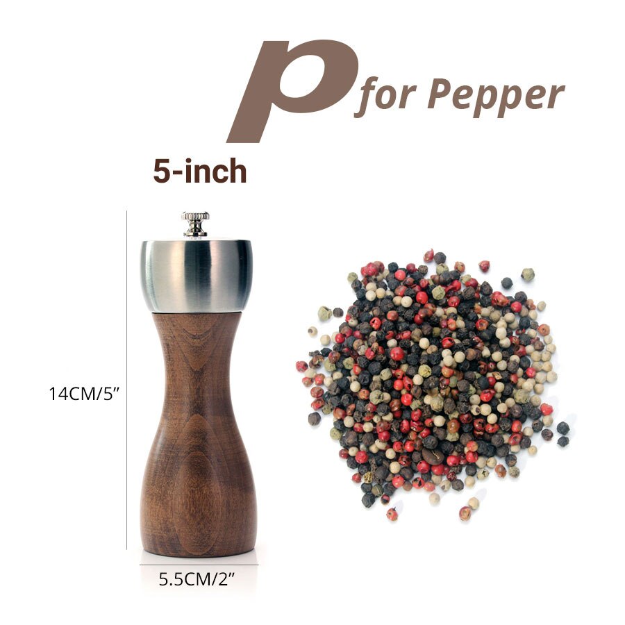 Molinos de madera para Molinillo de sal y pimienta, molinos de madera, mecanismo de precisión Gourmet y sal marina de primera y granos de pimienta, accesorios de cocina: 5 inch for pepper